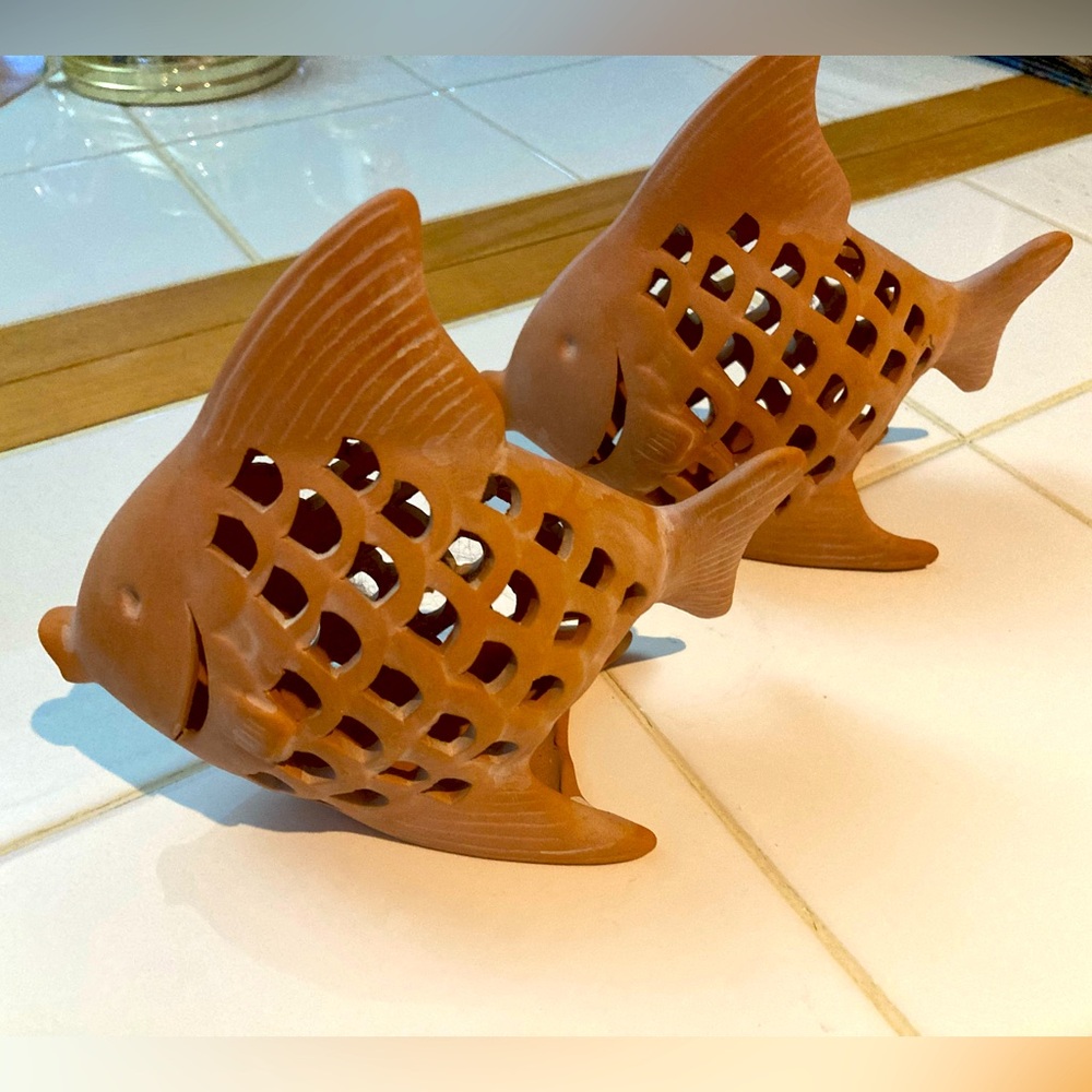 Terracotta clay pottery fish tea light candle holders